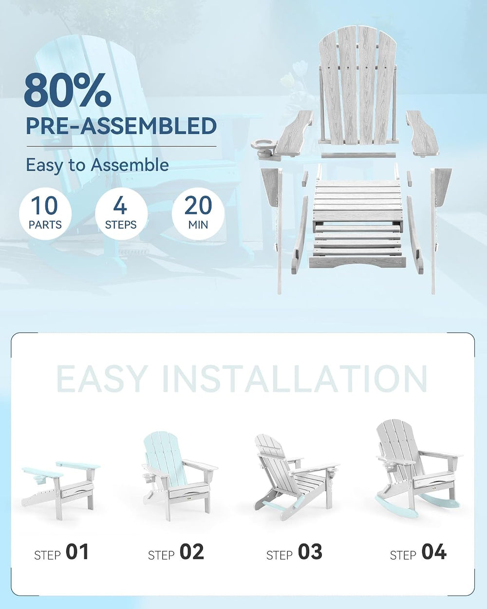 Adirondack Rocking Chair with Retractable Ottoman and Cup Holders, HDPE Adiro...