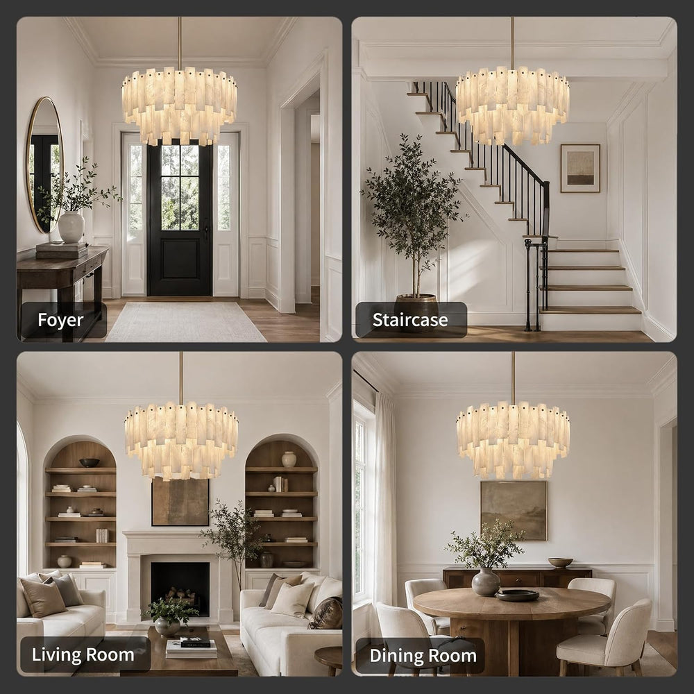 24" Alabaster Chandelier for Living Room, 2-Tier Round Brass Chandelier