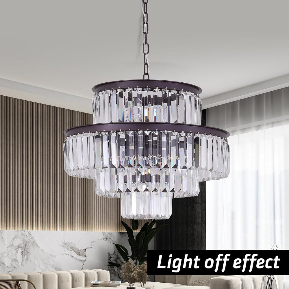Modern Crystal Chandelier 20" Brown Round Pendant Light, 4-Tier Luxury C...