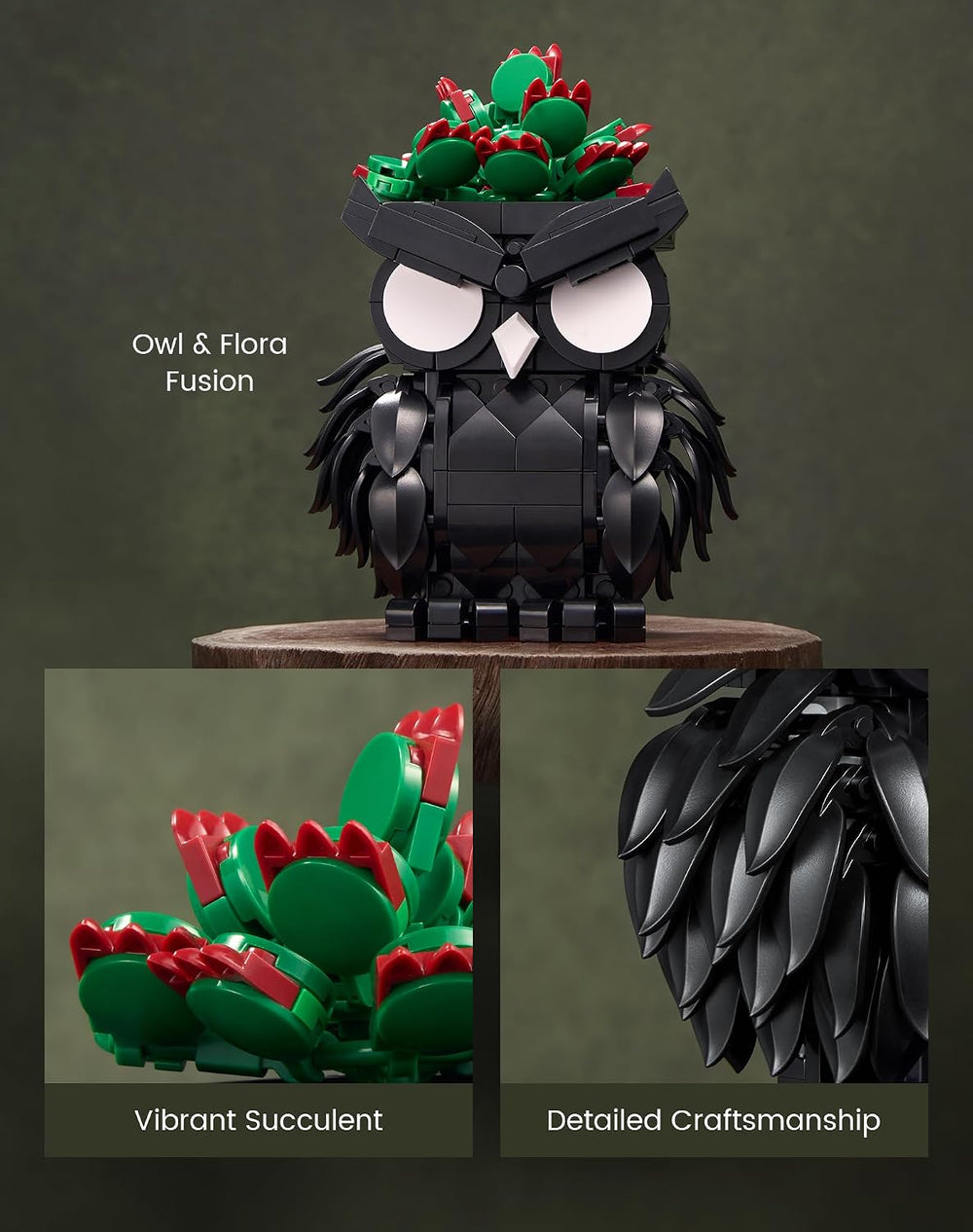 Owl Succulent Building Blocks Set Halloween Bird Animal Brick Kit for Adult