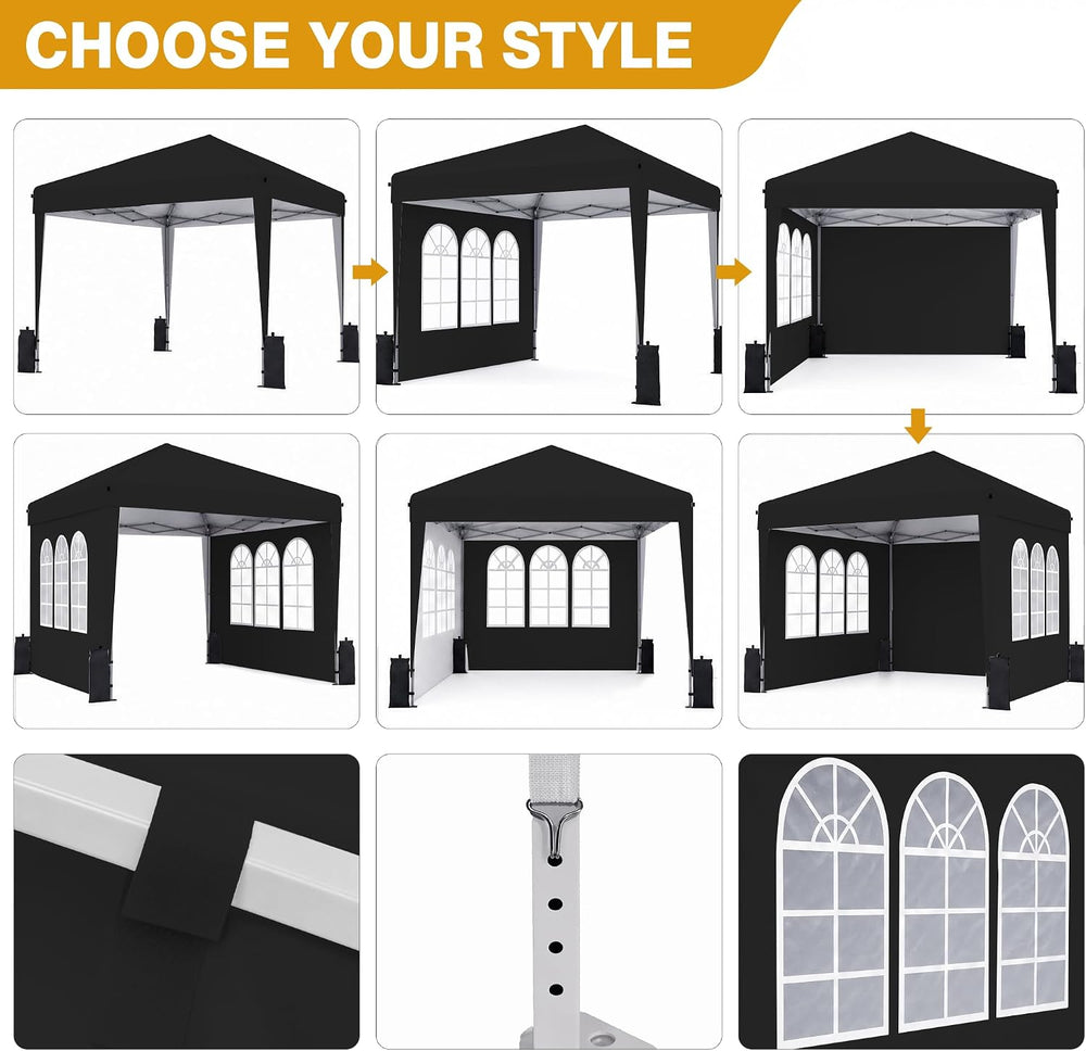 10x10 Pop Up Canopy Tent with Sidewall, Commercial, Black