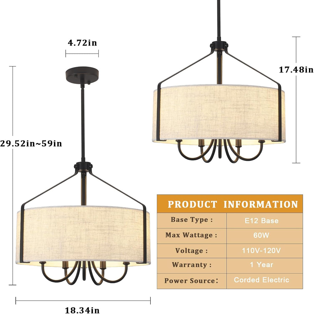 Farmhouse Chandelier for Dining Room, 5-Light Drum Chandelier with Black Meta...