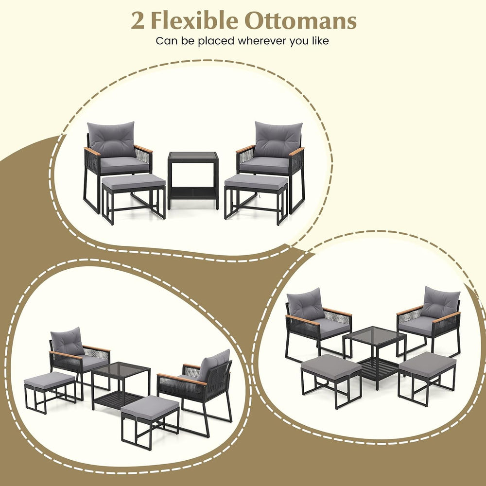 HAPPYGRILL 5 Piece Patio Conversation Set PE Rattan Wicker Chairs with 2 Otto...