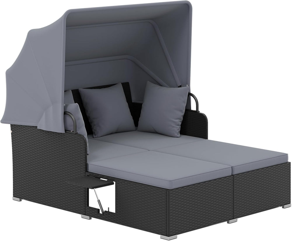 Tangkula Patio Rattan Daybed with Retractable Canopy, Outdoor Wicker Sunbed L...
