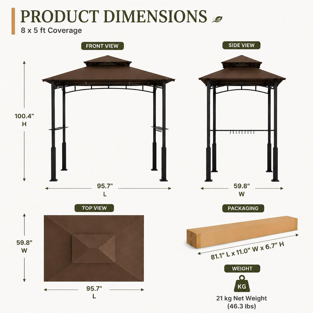 Garvee 8x5 Grill Gazebo, Outdoor BBQ Canopy Shelter with Double Tiered Roof V...