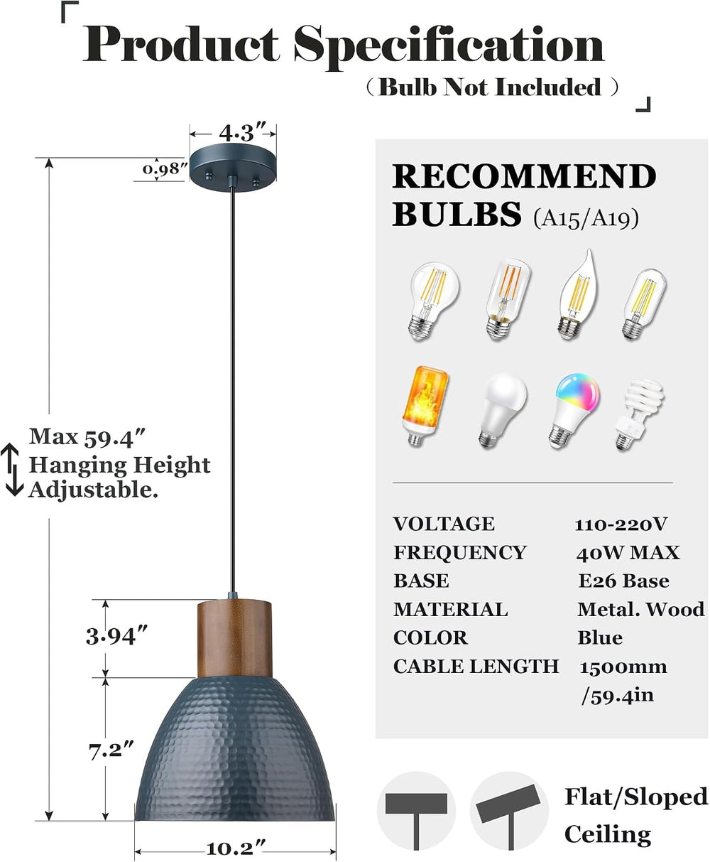 ELYONA 2 Pack Modern Hammered Pendant Lights 10.2” Blue Solid Wood Hanging La...