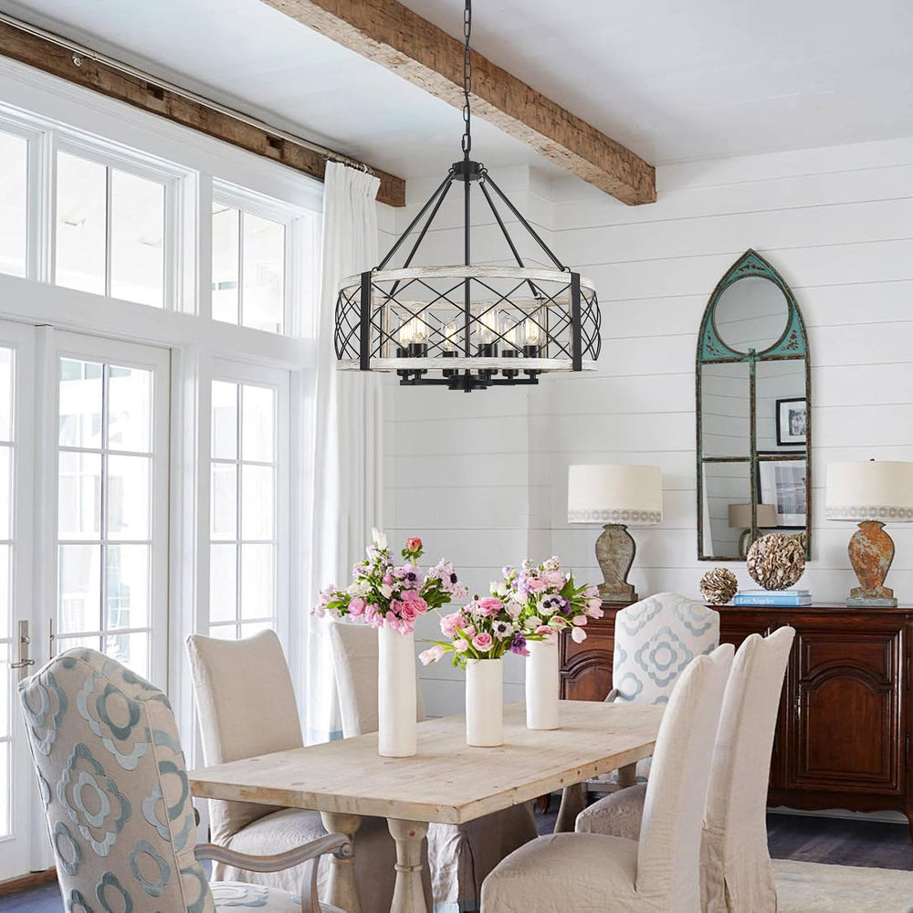 21.6” White Farmhouse Chandelier, 6-Light Wood Grain Finish Chandelier