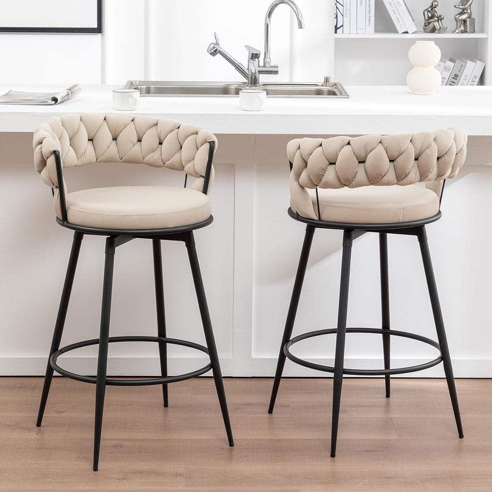 Swivel Bar Stools Set of 2, Modern Barstools with Woven Back, Velvet Counter ...