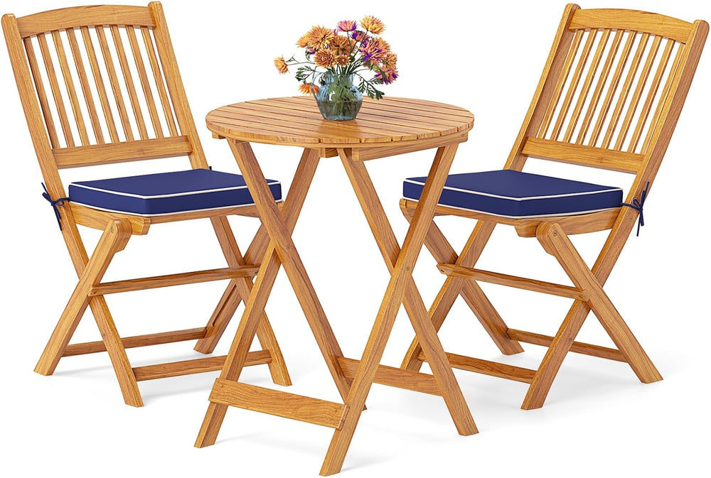 GIANTEX Patio Bistro Set 3 Pieces, Outdoor Acacia Wood Folding Table & Ch...