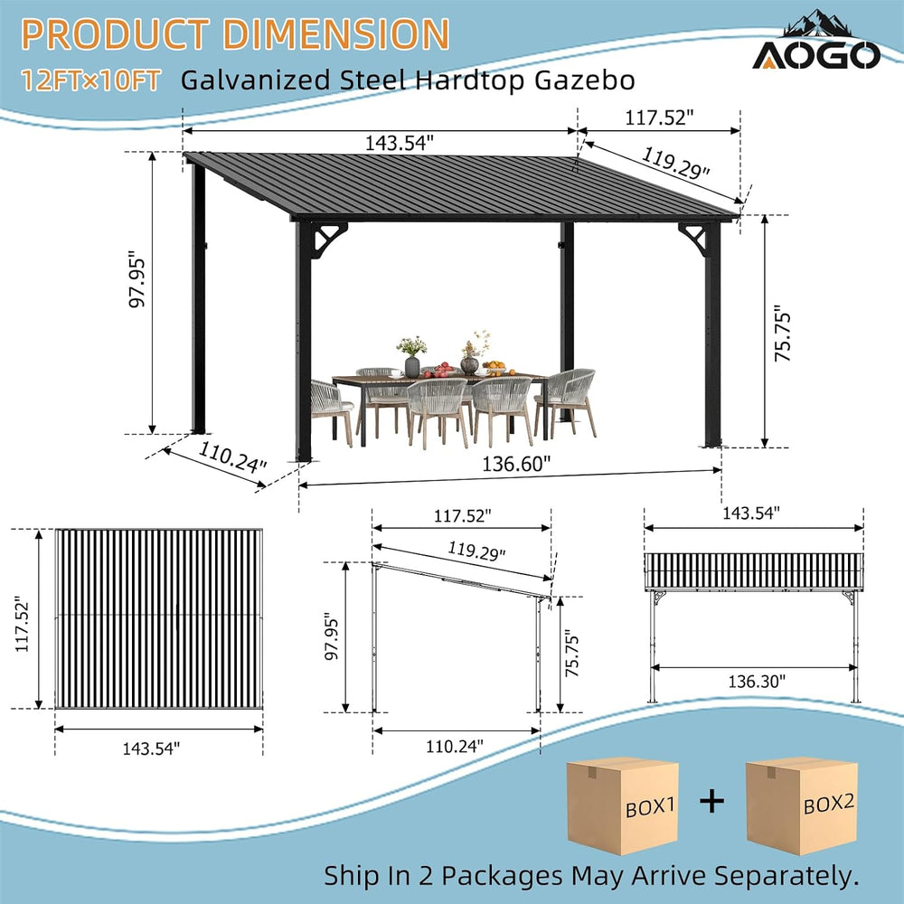 12x10 FT Lean to Gazebo, Sloping Galvanized Steel Roof Hardtop Gazebo, Outdoo...