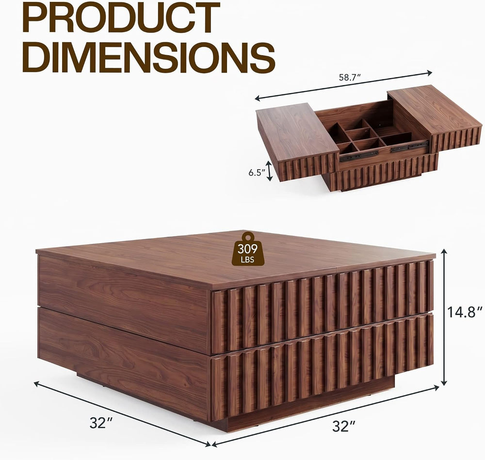 32-Inch Square Coffee Table with Storage, Sliding Top, Walnut