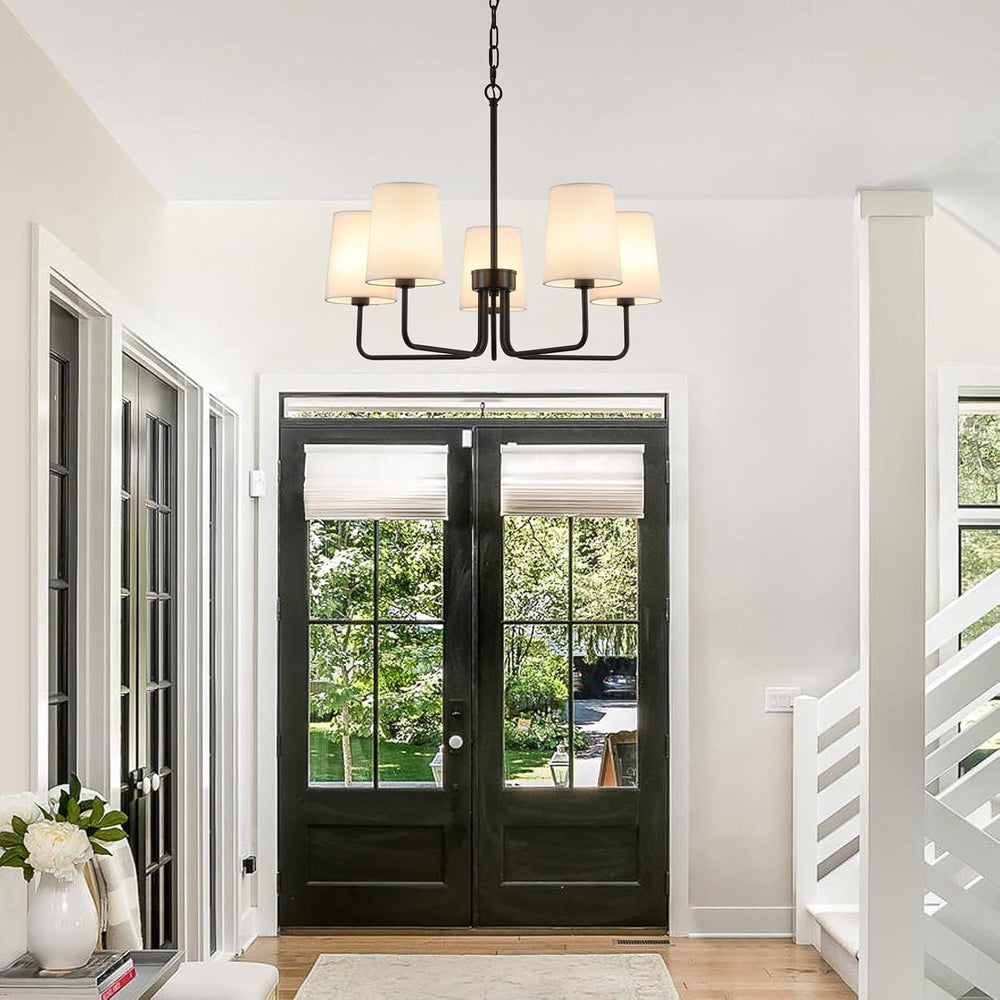 AMZASA Farmhouse Chandelier, Matte Black with White Fabric Shade, Farmhouse L...