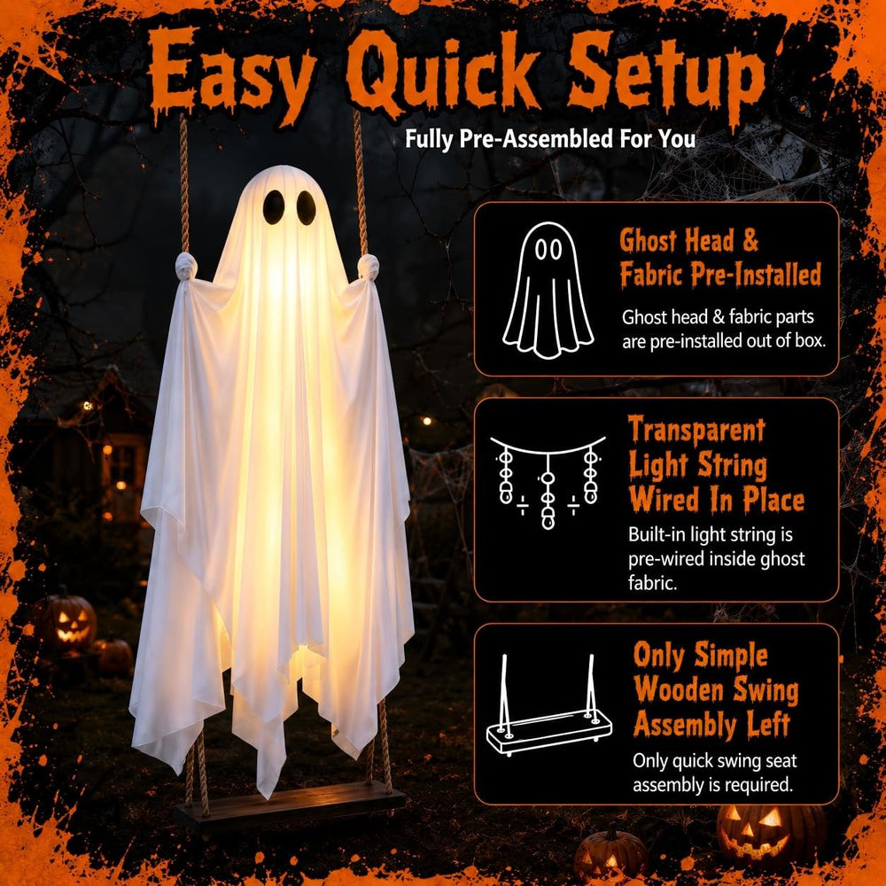 Large 5FT Capacity Light Up Swinging Ghost Halloween Decoration for Yard