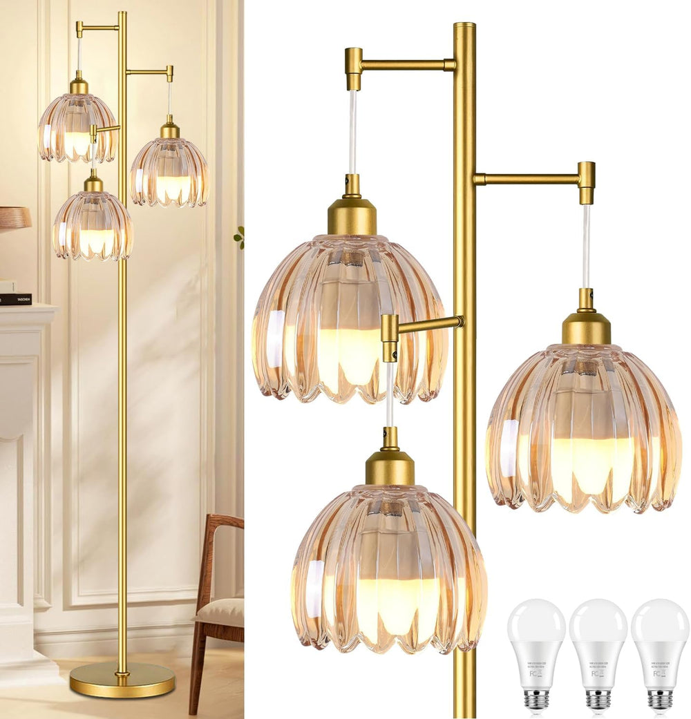 QIYIZM Gold Floor Lamp for Living Room,Bedroom,Tree 3 Light Standing Lamp Mid...