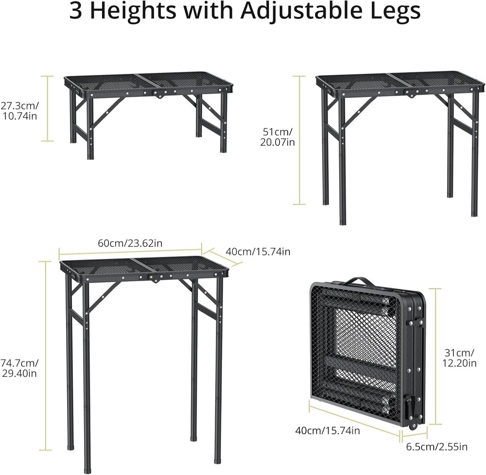 Anbte 2ft Folding Camping Grill Table Max 29.5", 3 Adjustable Height, Black