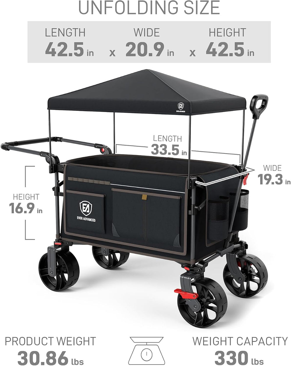 EVER ADVANCED Folding Push Wagon with Canopy, Shopping Cart with Brakes