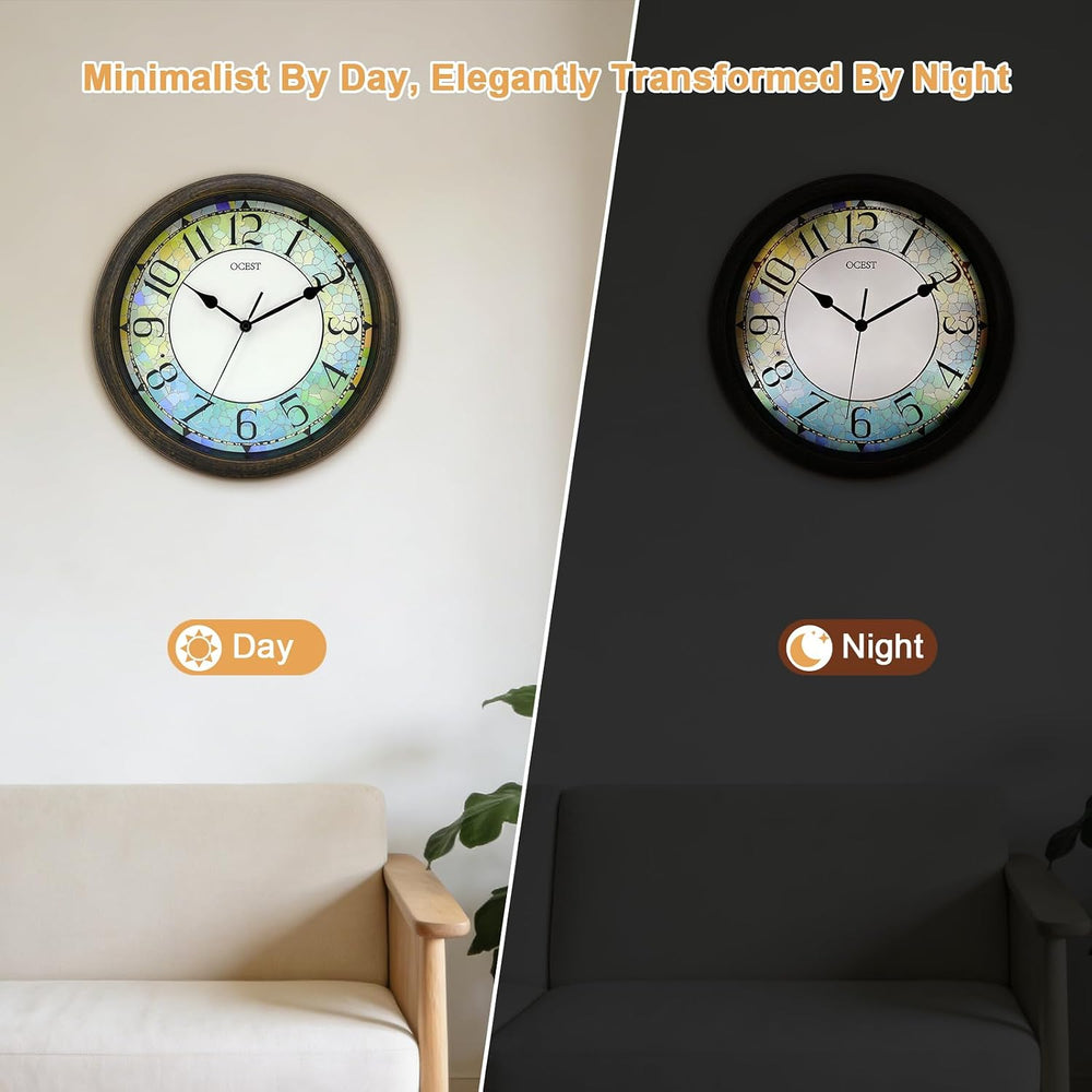 OCEST 13 Inch Illuminated Wall Clock, Glow in The Dark, Brown