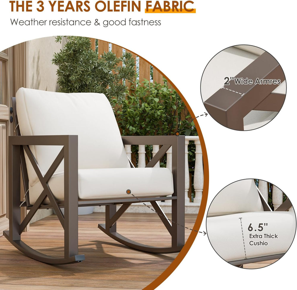 Outdoor Rocking Bistro Set, Patio Chairs Set of 2 with Coffee Table, Beige