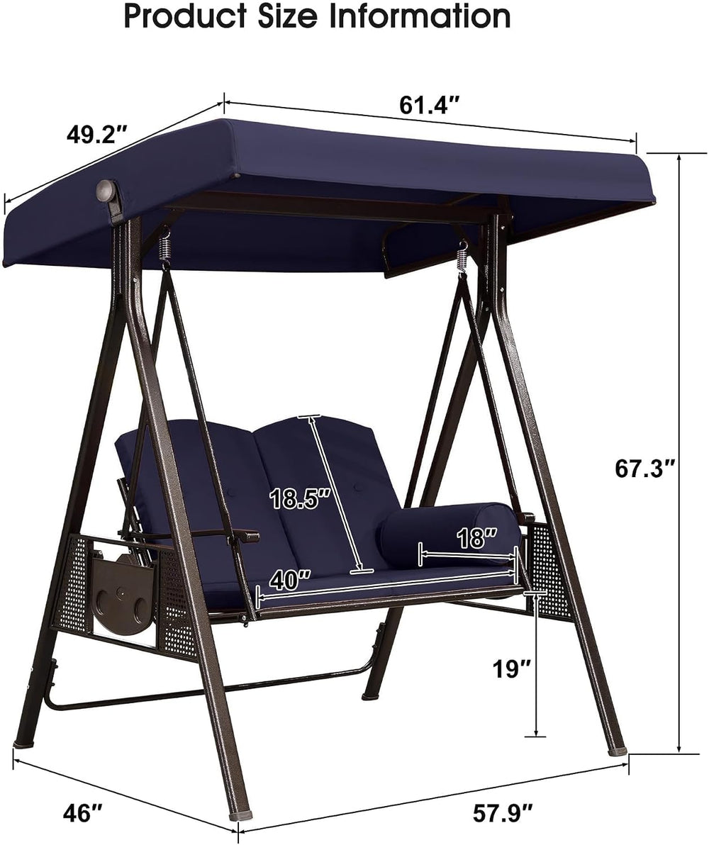 PURPLE LEAF Patio Swings 2-Seat with Canopy Thick Cushion Comfort Navy Blue