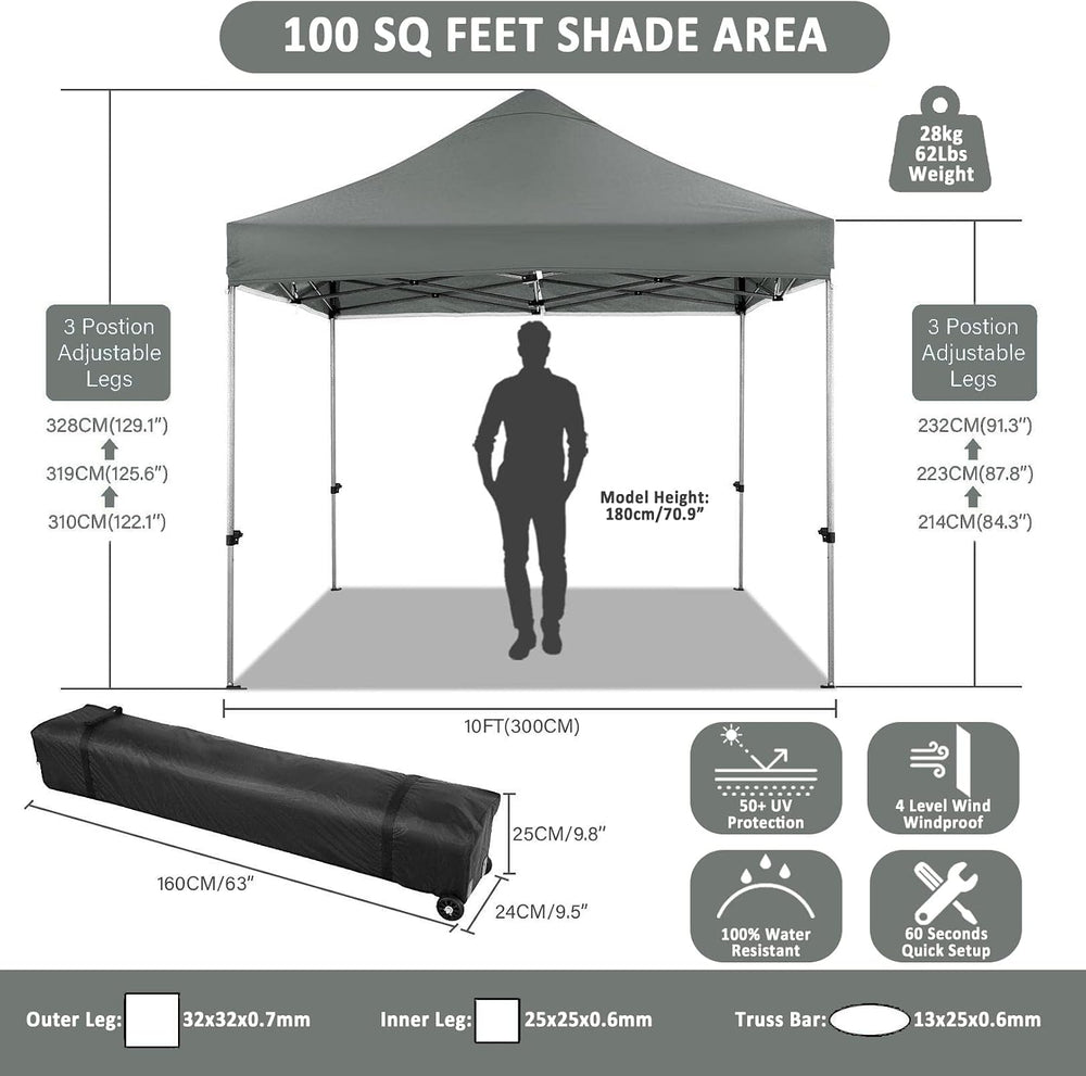 COBIZI 10x10 Pop Up Canopy Tent,Heavy Duty Canopy(Gray with 4 Sidewalls)