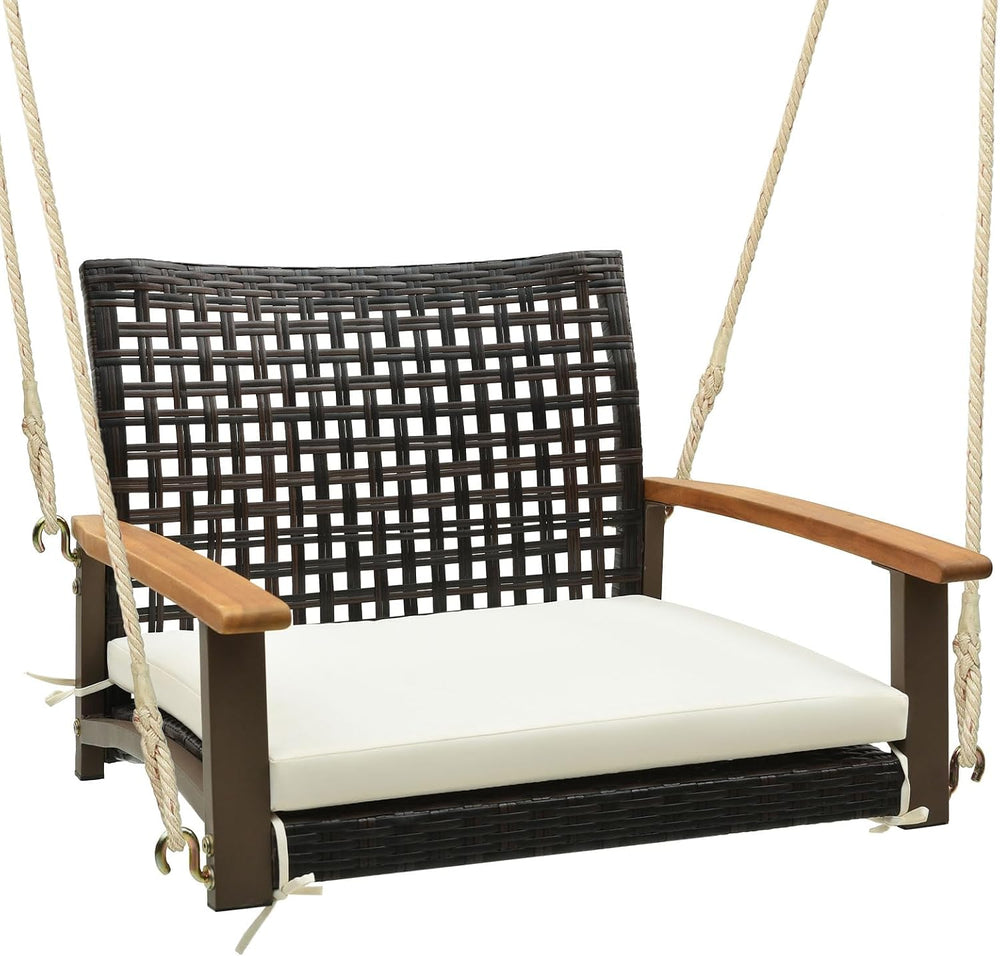 DORTALA Hanging Porch Swing, 1 Person Patio Wicker Swing Chair with Metal Fra...