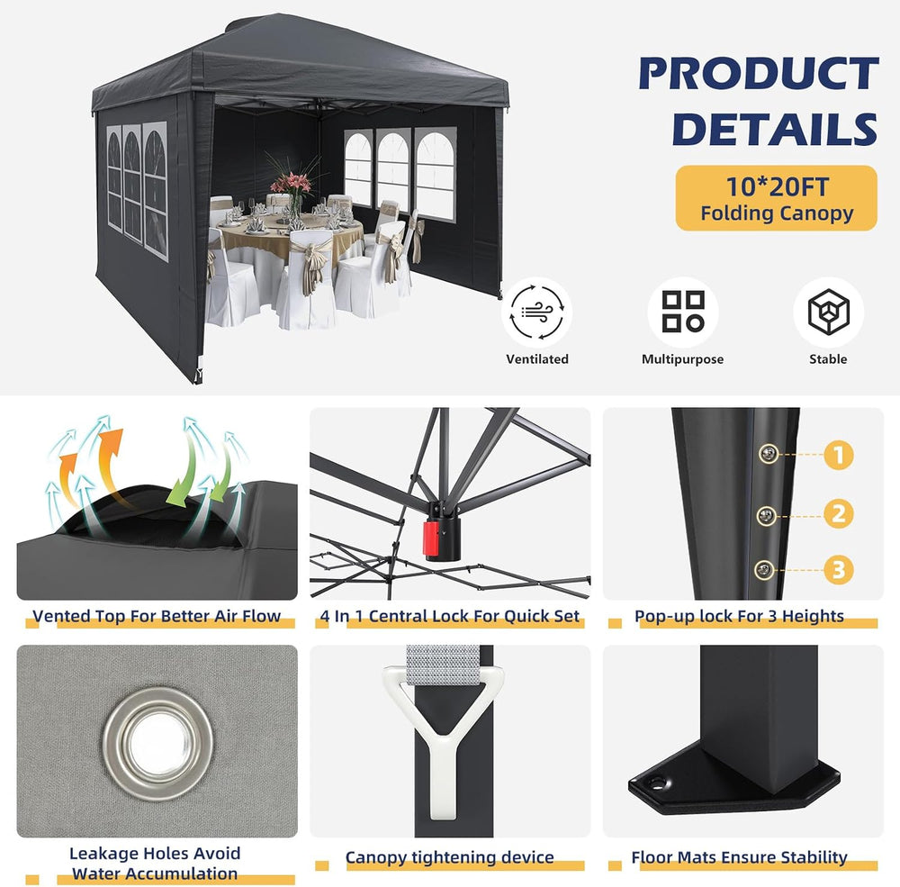 EROMMY Instant 10x10 Pop Up Canopy Tent, Heavy Duty Waterproof Folding Party ...