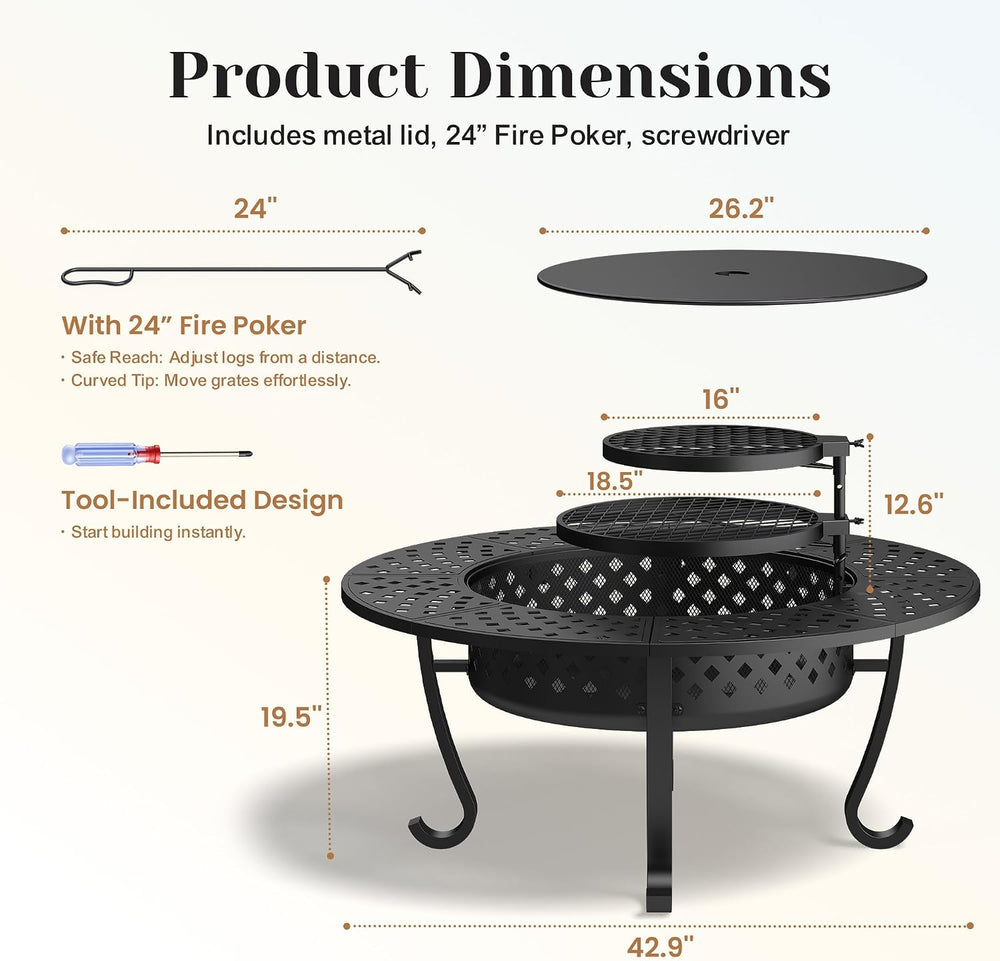 43" Fire Pit for Outside Wood Burning, 3 in 1 Firepit with 2 Grills