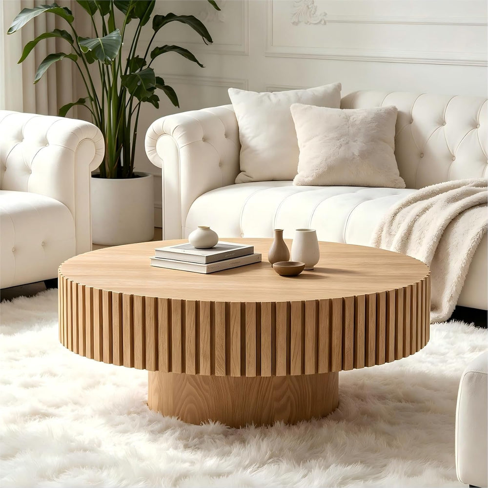 KEVINSPACE Round Coffee Table, 39" Big Wooden Fluted Coffee Table with F...
