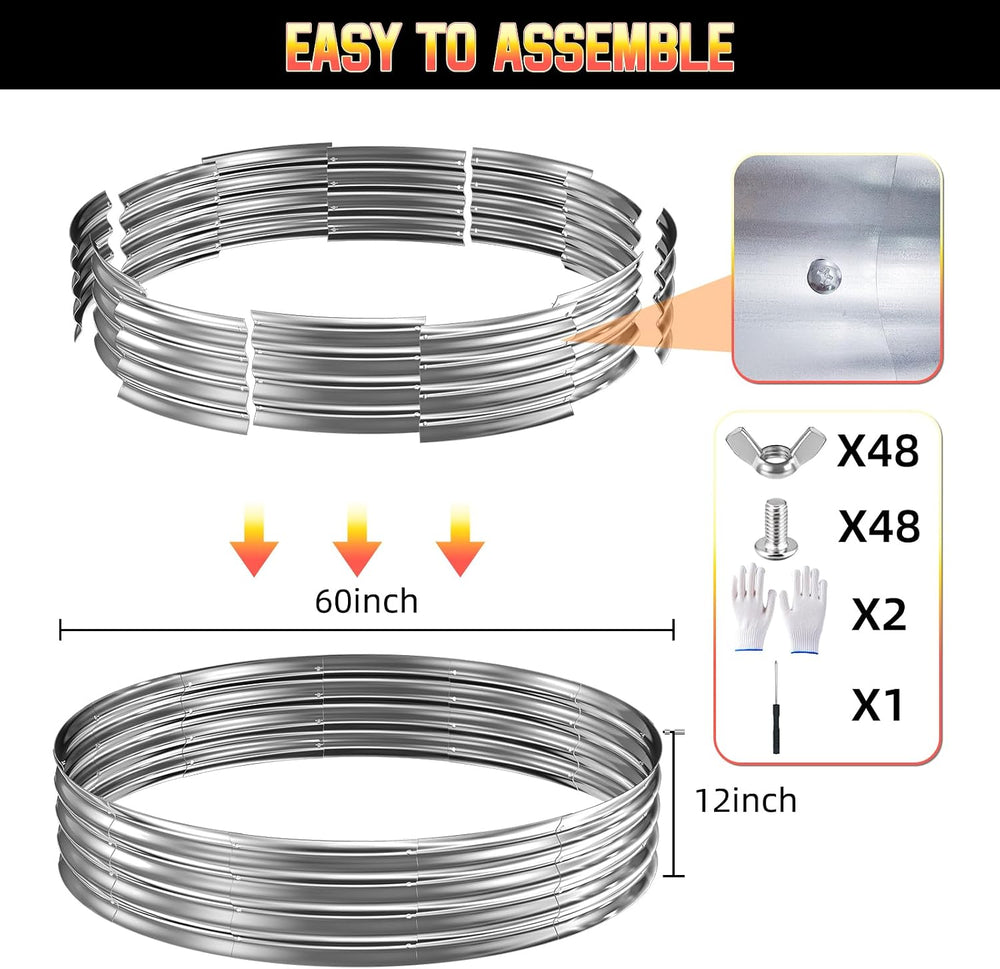 60 Inch Fire Pit Ring 5FT Galvanized Steel, 12" Raised Heavy Duty Wood B...