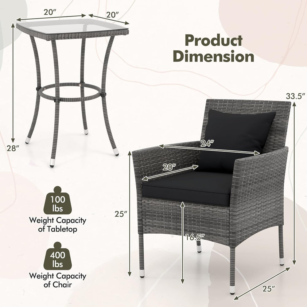 DORTALA Wicker Patio Furniture Set 3 Piece, Small Outdoor Table & Chairs ...