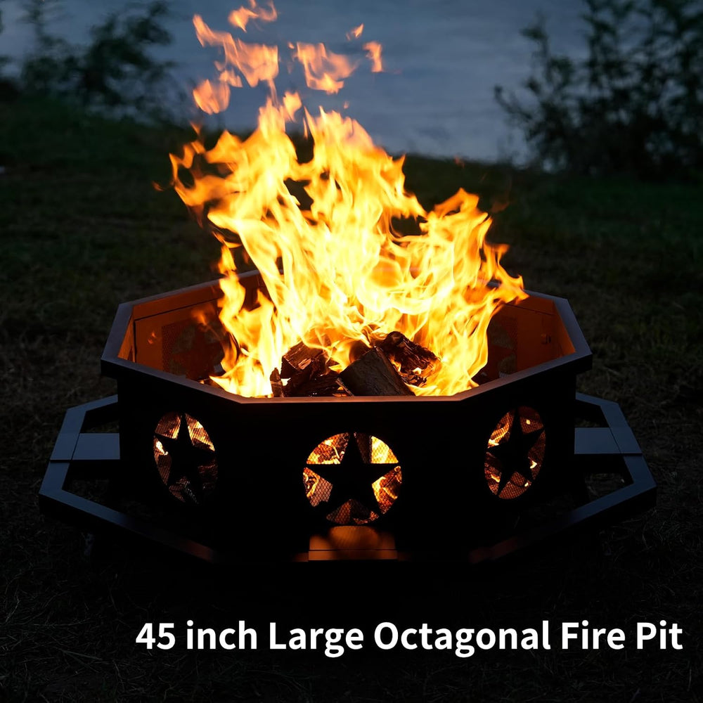 45 inch Large Fire Pit, Outdoor Fire Pit with Heavy Duty Construction, Wood B...