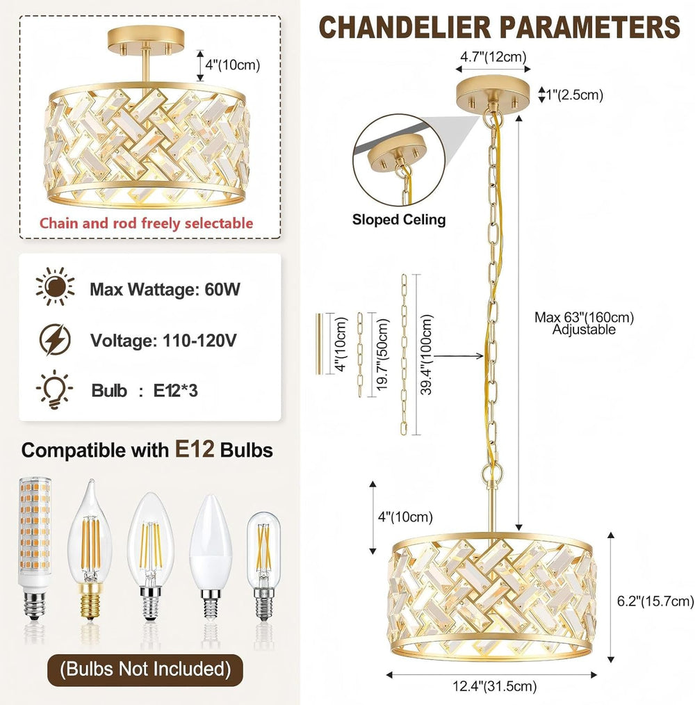 12.4" Gold Crystal Chandelier, Morden 3-Light Dining Room Light Fixture