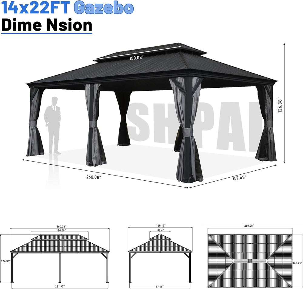 Outdoor Patio Metal Hardtop Gazebo 14x22FT with Gutter Pergola -Grey