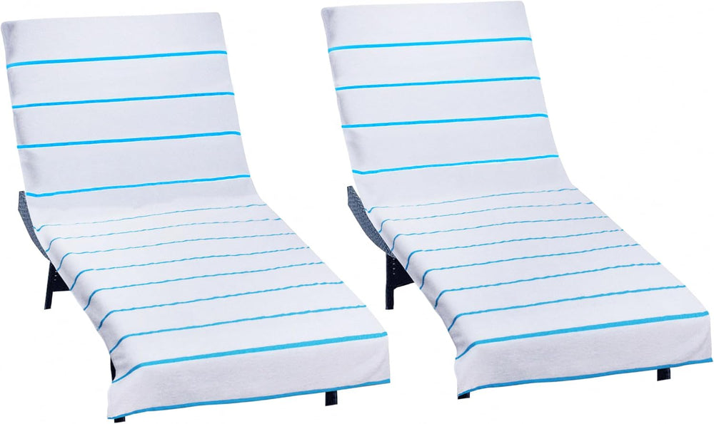 COTTON CRAFT Pool Lounge Chair Cover - 2 Pack Stripe Terry - White Aqua