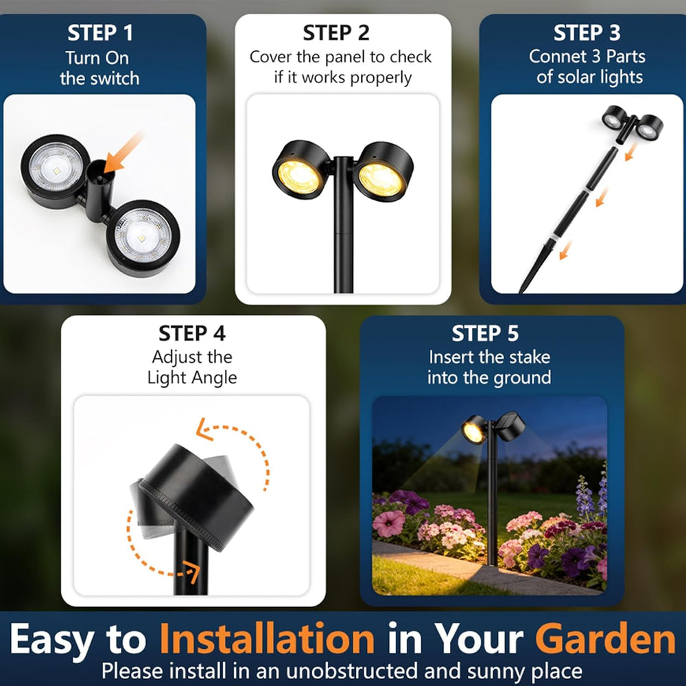 Solar Path Lights, Dual-Head with 2 Solar Panels & 2 Oversized Lenses