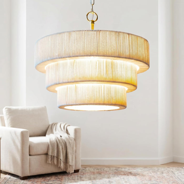 20" 10-Light Boho Rattan Chandelier, 3-Layer Coastal Farmhouse Hand Woven Wicker Pendant Light Fixture,Adjustable E12 Chandelier for Kitchen Island Dining Room Living Room-Off-White