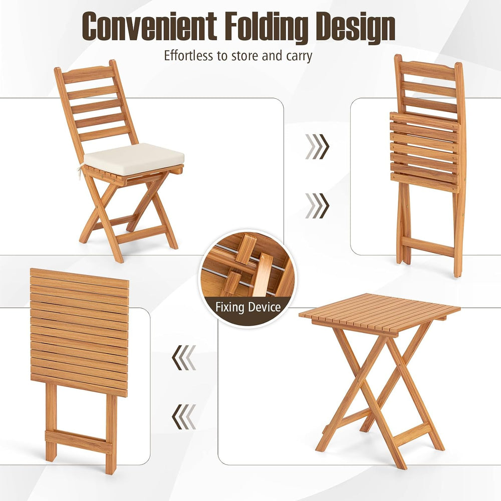 Tangkula Outdoor Wood Bistro Set, Folding Chair Table Set w/Soft Seat Cushion...