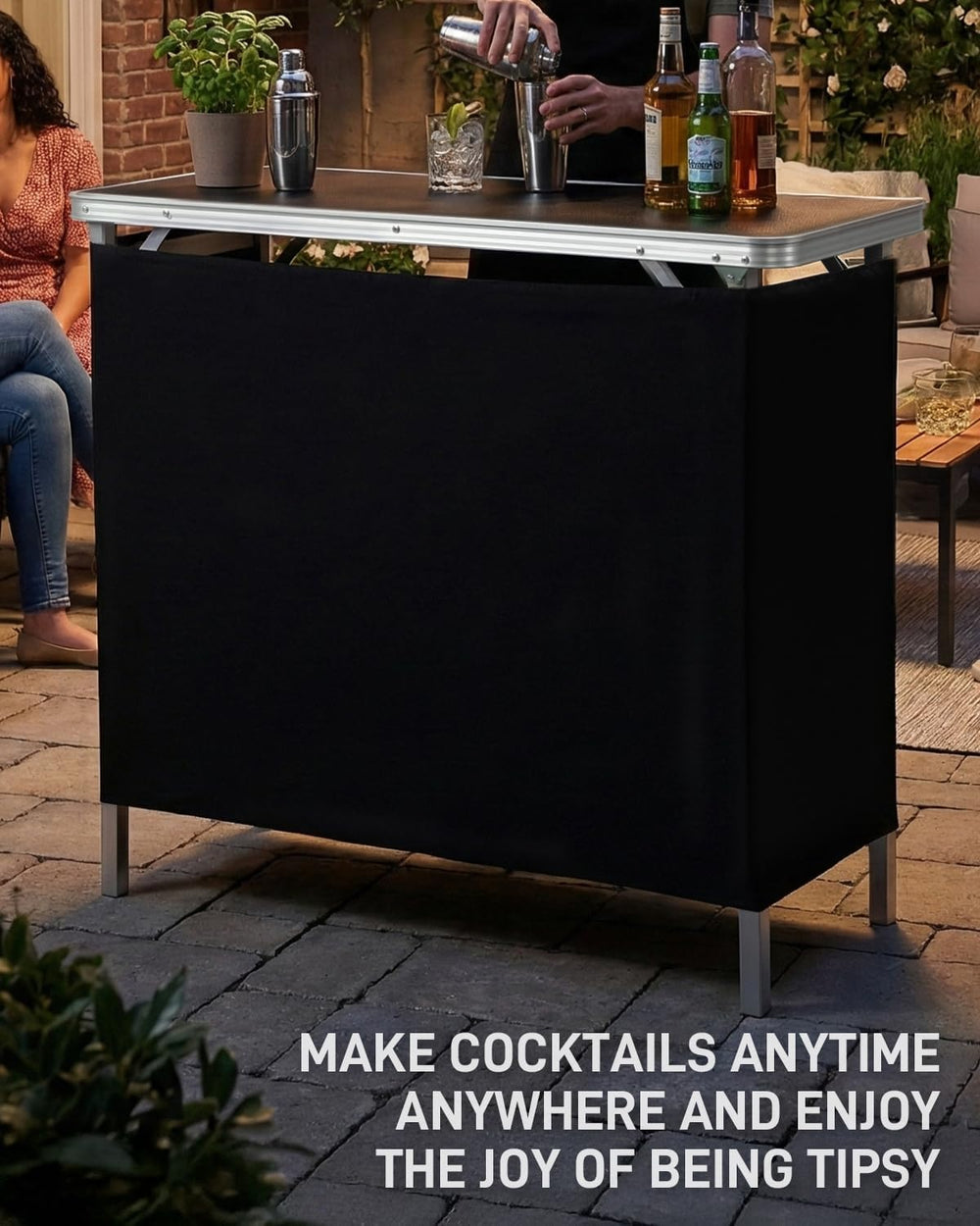 Outvita Portable Bar Table with 2 Tier Shelves & Black Skirt for Party