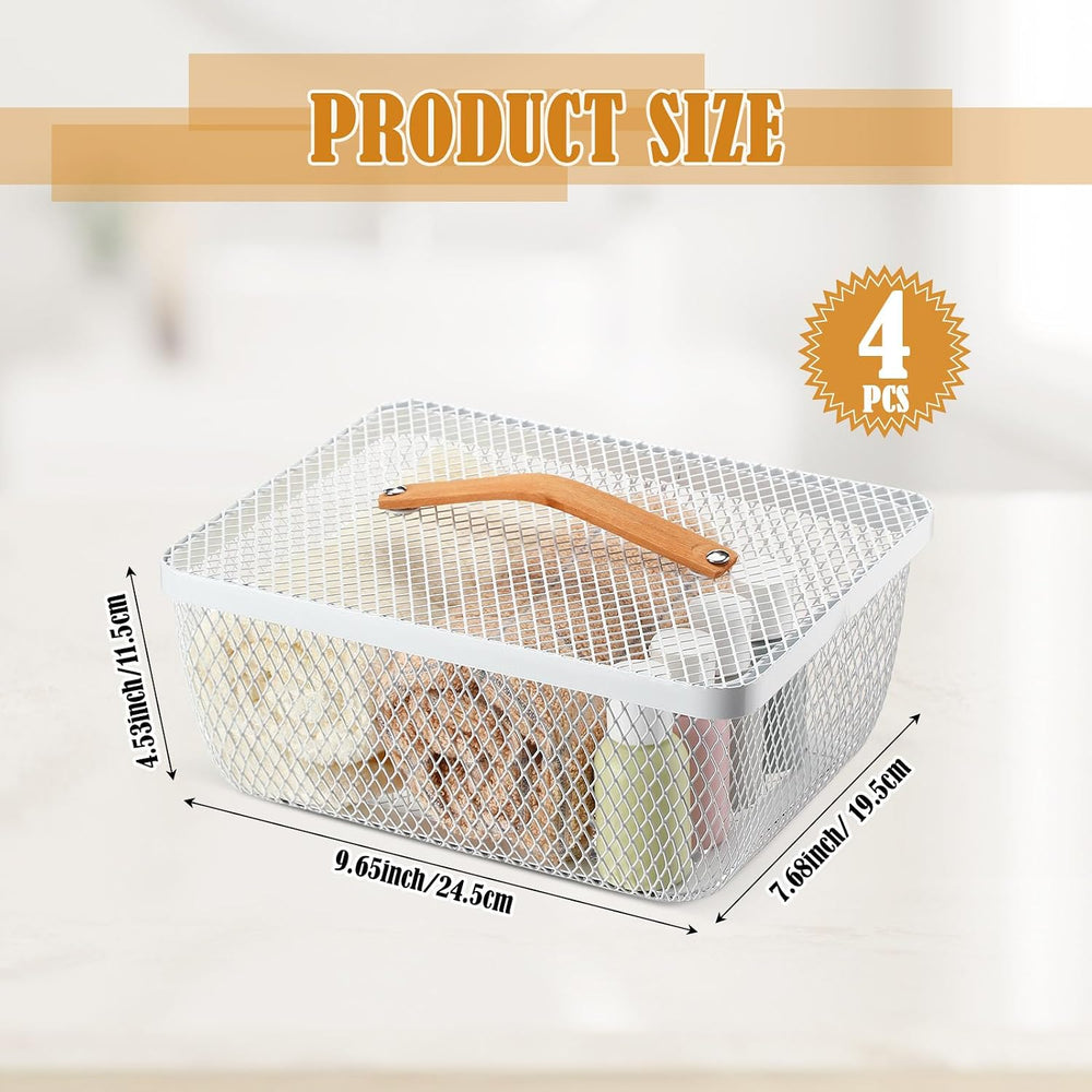 Tandefio 4 Pcs Metal Mesh Basket with Lid and Wooden Handle 9.65 x 7.68 Inch ...