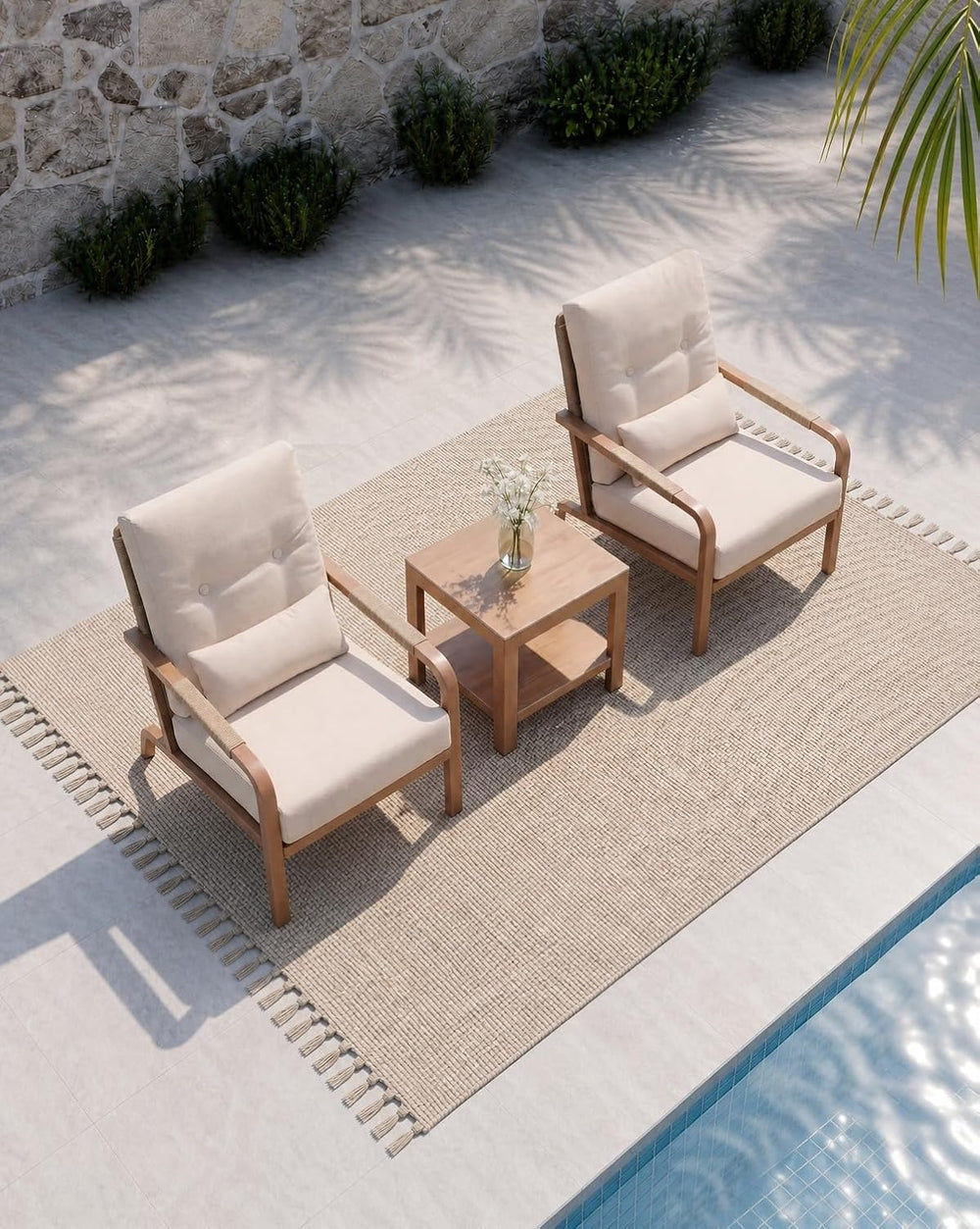 Aluminum Patio Set, 2 Chairs & Side Table, Washable Cushions, Beige (3 Pi...