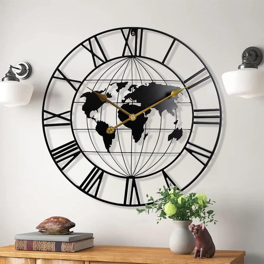 Large World Map Wall Clock,Metal Minimalist Decorative Modern Clock