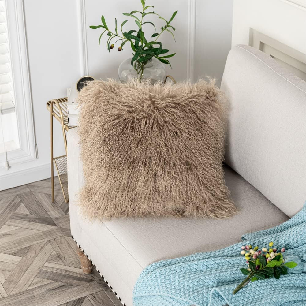 Mongolian Lamb Fur Throw Pillow Covers 16 x 16 Inch, Khaki