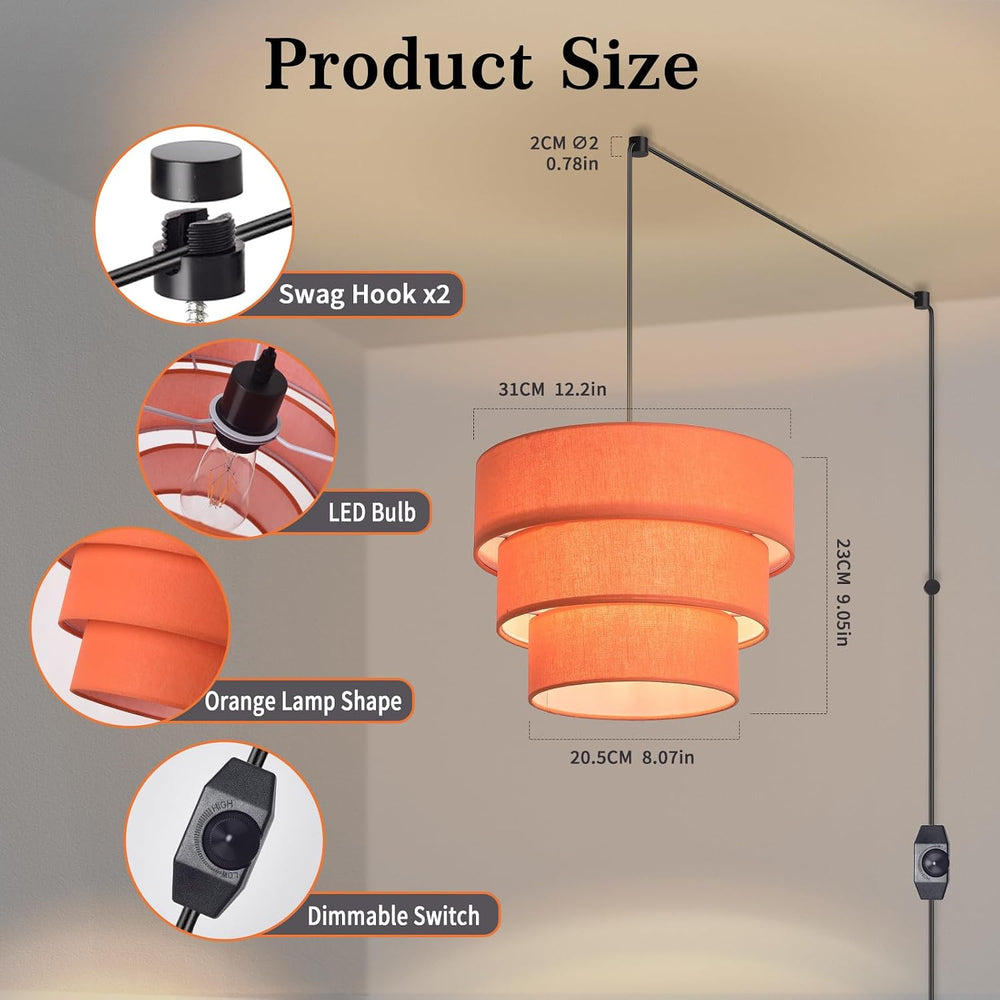 Orange Plug in Pendant Light, Mid Century Modern Pendant Light 3 Tier Plug in...