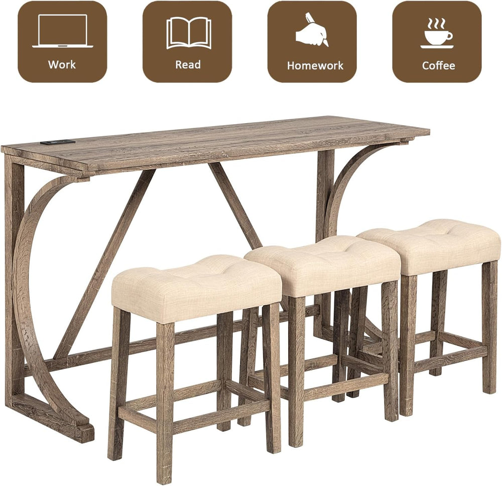59" Counter Height Bar Table Set with Power Outlet, Industrial Breakfast...
