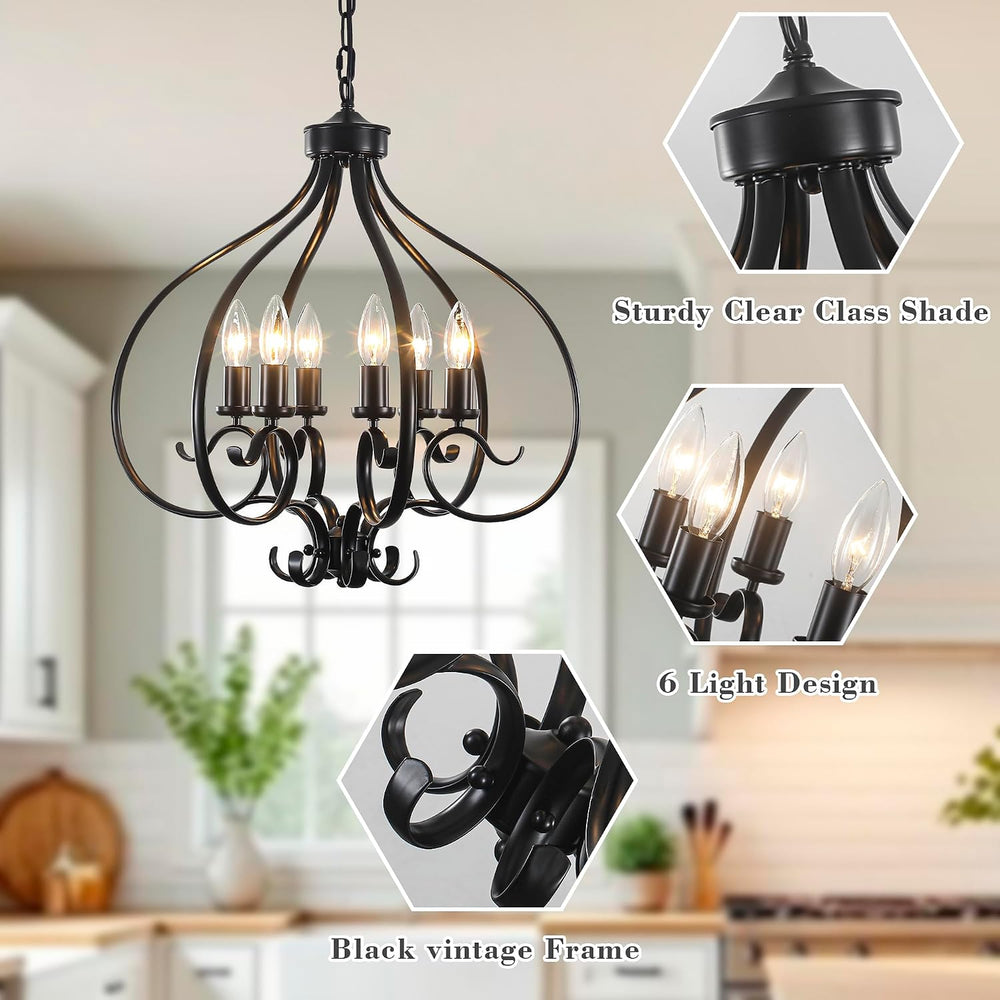 Black Farmhouse Chandelier for Dining Room,19.68",6 Lights,E12