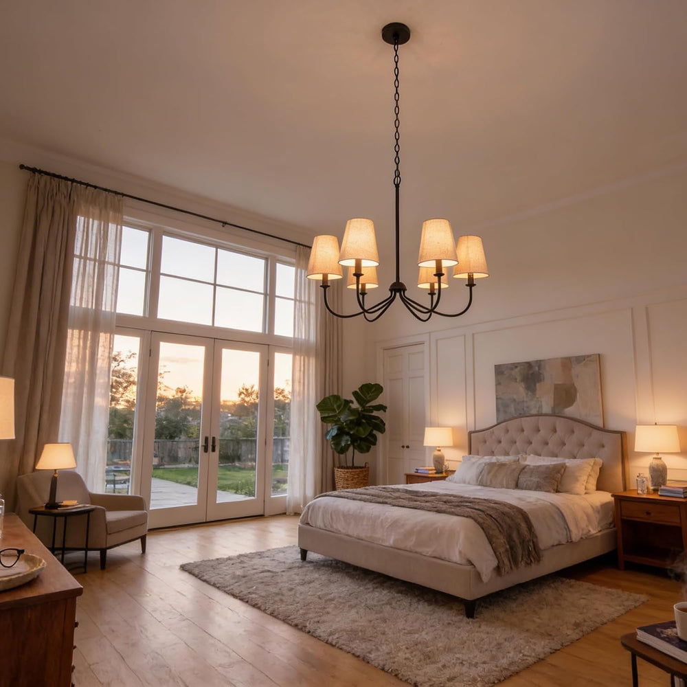 Chandelier, Matte Black with Linen Fabric Shade, 6-Light 28" Modern Farm...