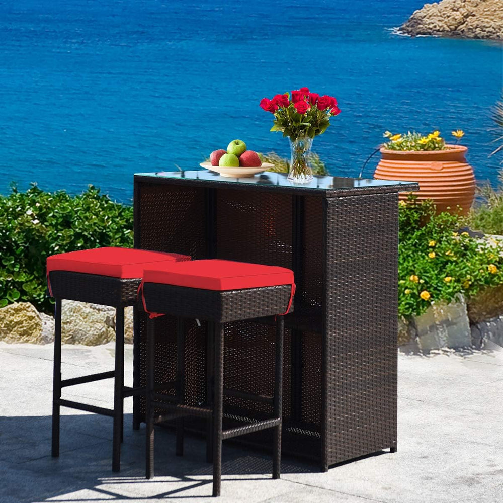 DORTALA 3 Pieces Rattan Patio Bar Table & Stool Set, Patio Furniture Set ...