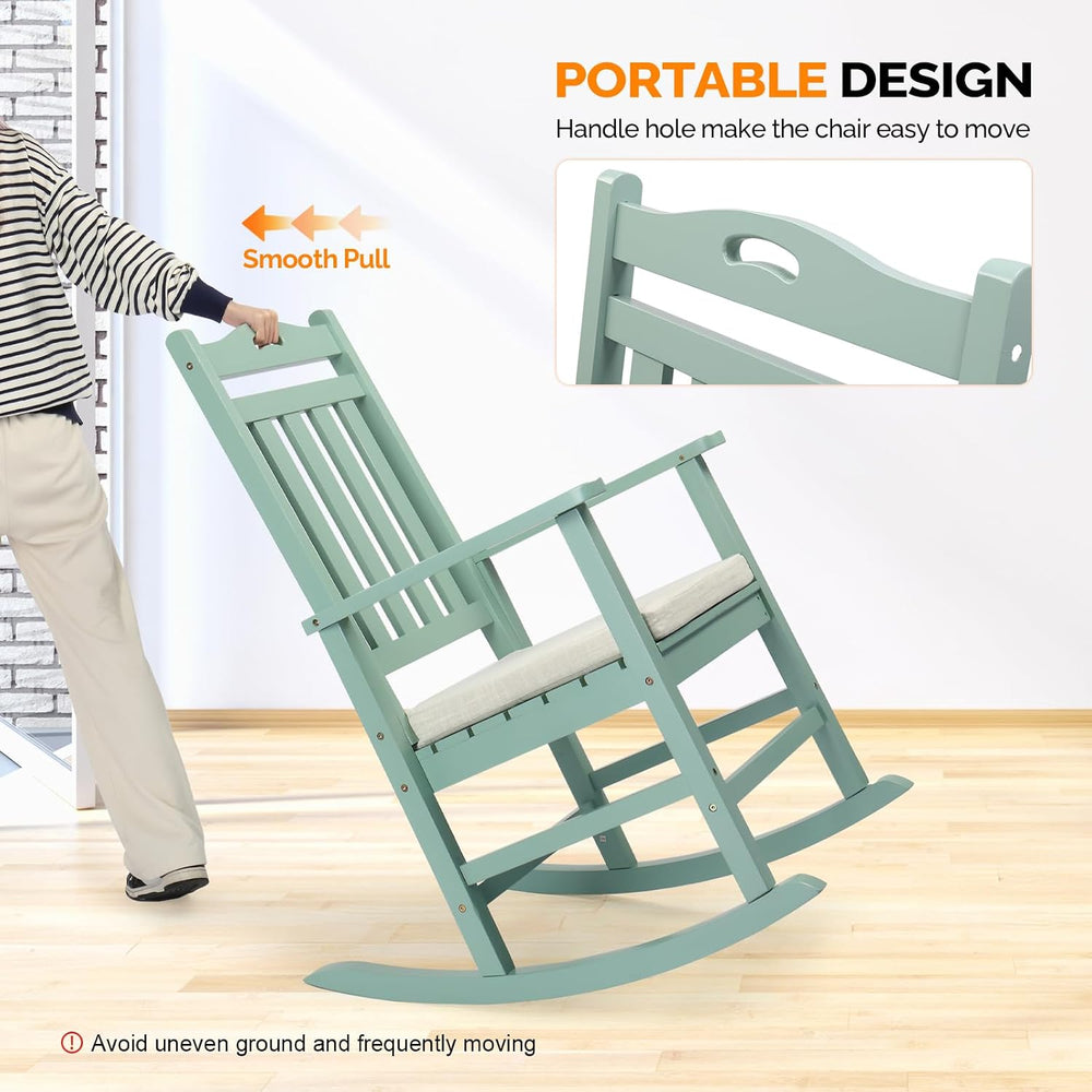VINGLI Outdoor Rocking Chair, Wooden Rocking Chair with Cushion, Green