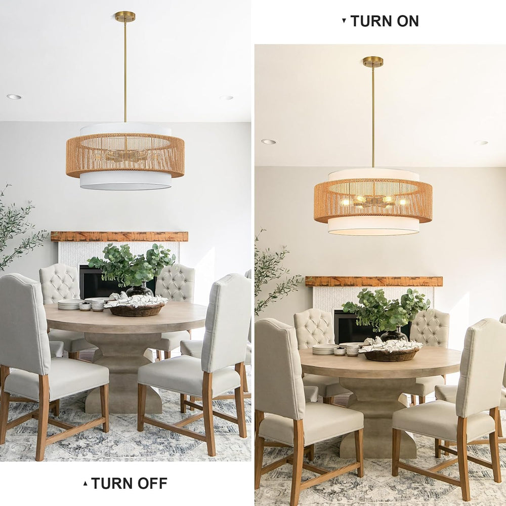 25.6" Rattan Chandelier for Dining Room, 6-Light Boho Pendant Light