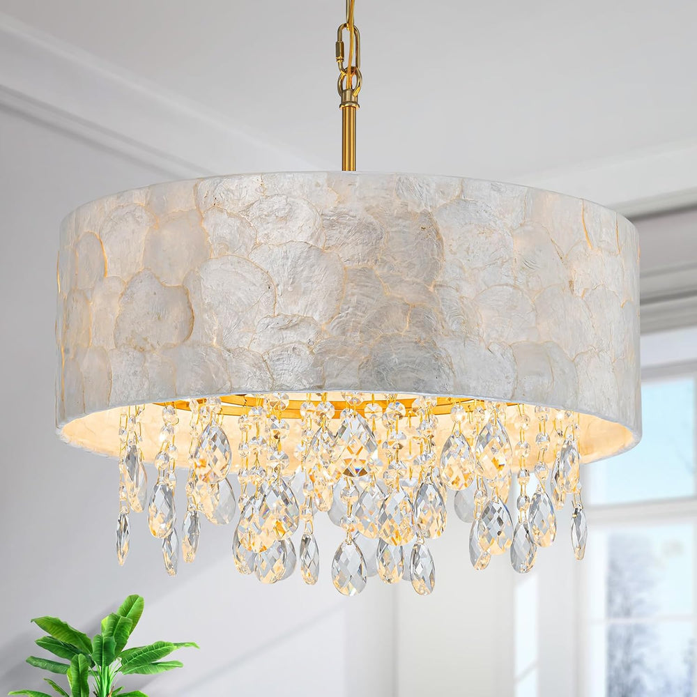 LumFurn D18in Drum Capiz Shell Crystal Chandeliers, 4-Light Coastal Style Lig...